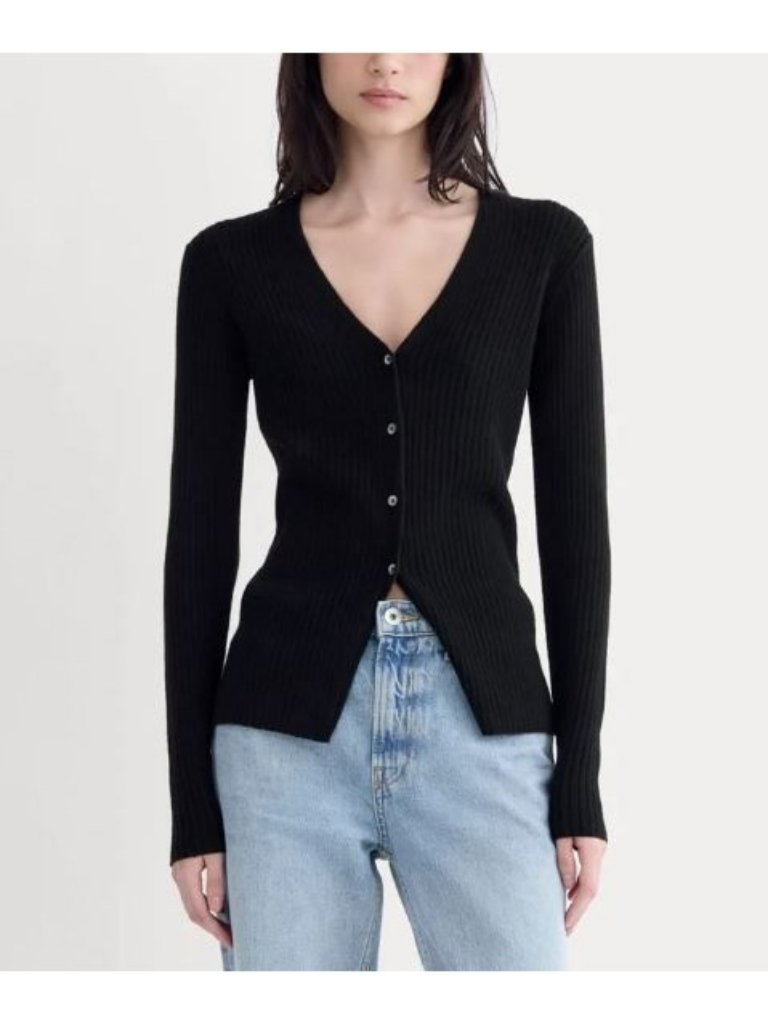 Everlane The Cashmere Ribbed V-Neck Cardigan Black Size Large Nwt